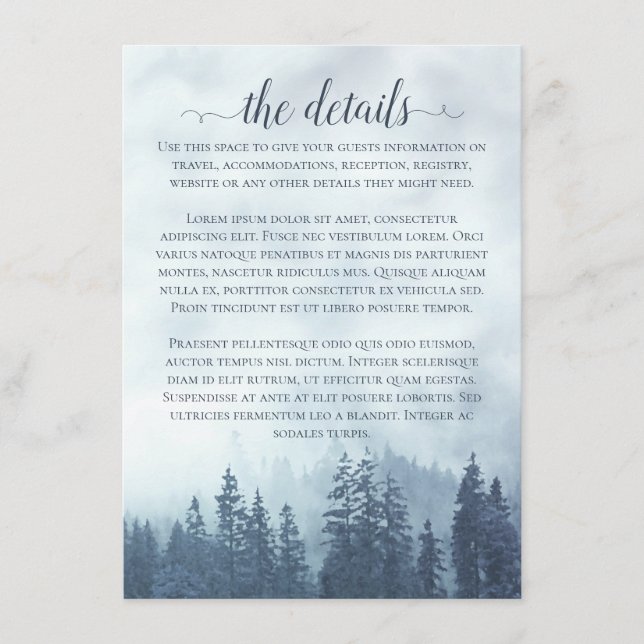 Misty Mountains Blue Pine Forest Wedding Details Enclosure Card (Front)