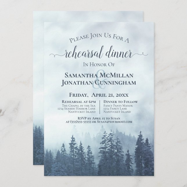 Misty Mountains Blue Wedding Rehearsal & Dinner Invitation (Front/Back)