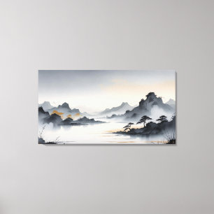 Misty Mountains – Tranquil East Asian Ink Landscap Canvas Print