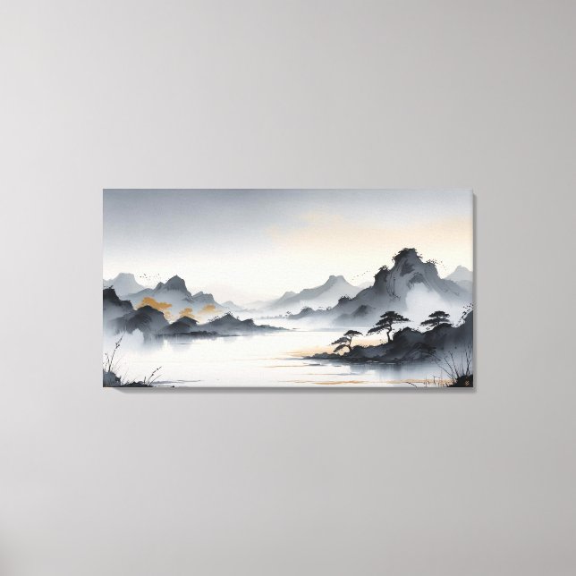Misty Mountains – Tranquil East Asian Ink Landscap Canvas Print (Front)