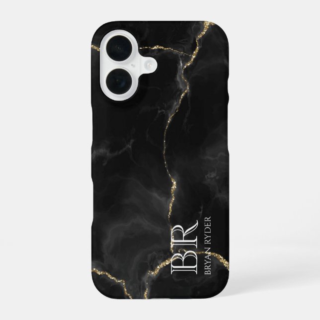 Misty Night Gold Glitter Marble Customizable iPhone 16 Case (Back)