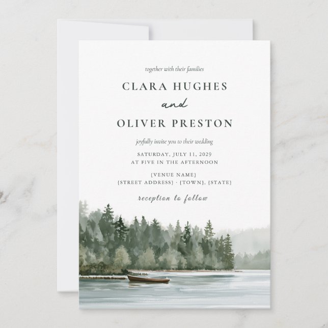 Misty Pine Forest Lake Pacific Northwest Wedding  Invitation (Front)