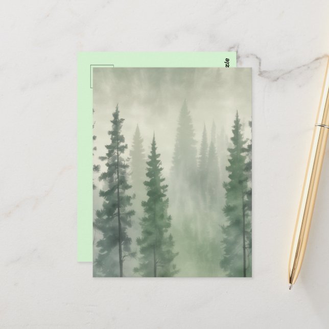 Misty Pine Forest Serenity Postcard (Front/Back In Situ)