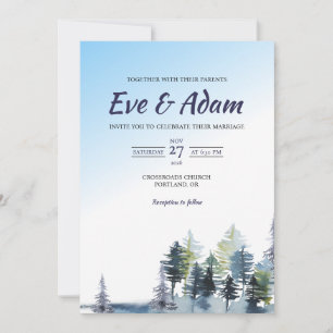 Misty Pine Forest Sky Watercolor Winter Wedding Invitation