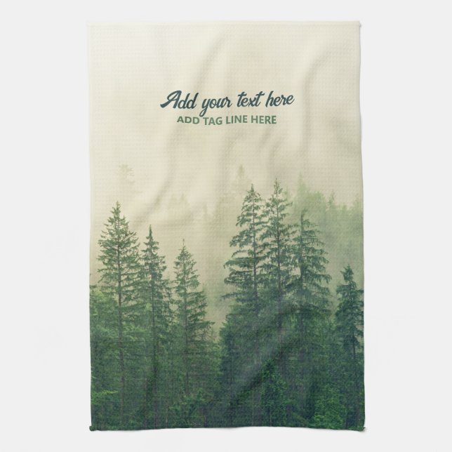 Misty Pine Forest Trees Custom Keepsake Kitchen Towel (Vertical)