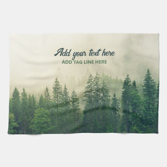 Misty Pine Forest Trees Custom Keepsake Kitchen Towel (Horizontal)