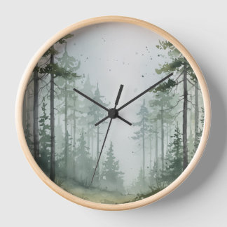 Misty Pine Forest Wall Clock – Green & Grey Design