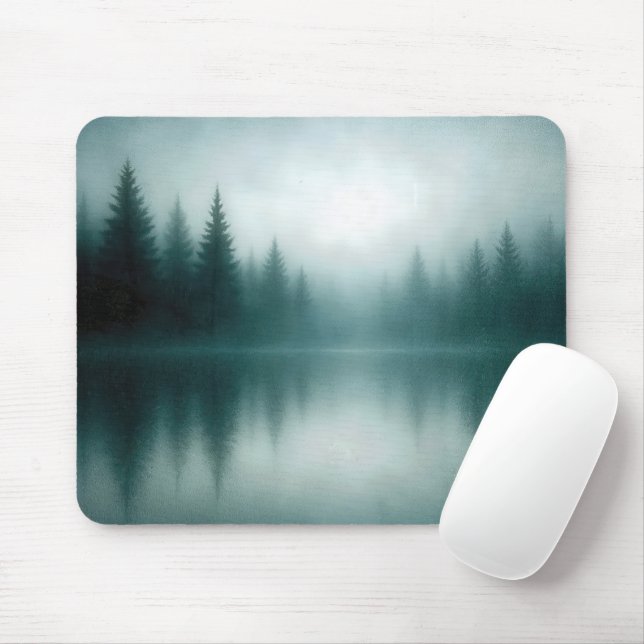 Misty Pine Tree Reflection in Lake Water Mouse Pad (With Mouse)