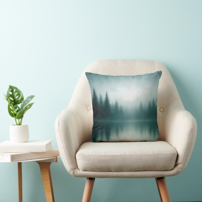 Misty Pine Tree Reflection in Lake Water Throw Pillow (Chair)