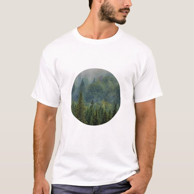 Misty pine trees forest landscape T-Shirt (Front)