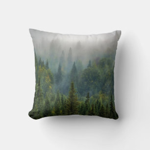 Misty pine trees forest landscape throw pillow