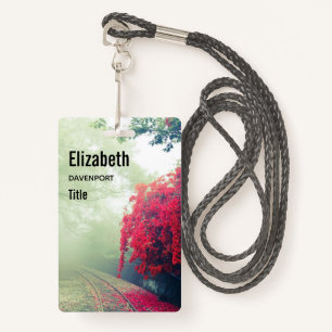 Misty Railroad Tracks Scenic Photo Badge