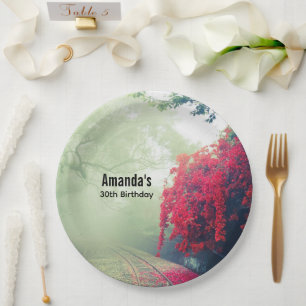 Misty Railroad Tracks Scenic Photo Birthday Paper Plate