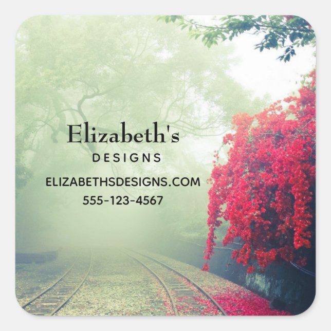 Misty Railroad Tracks Scenic Photo Business Square Sticker (Front)