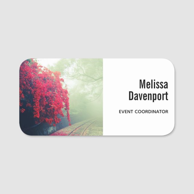 Misty Railroad Tracks Scenic Photo Name Tag (Front)