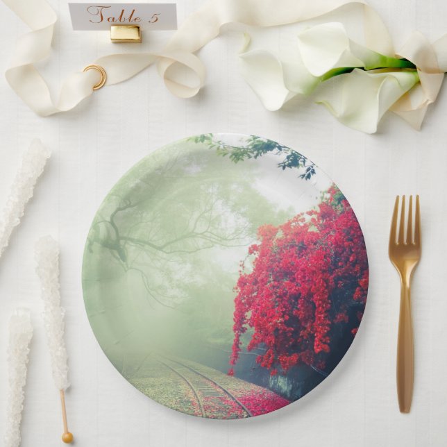 Misty Railroad Tracks Scenic Photo Paper Plate (Wedding)