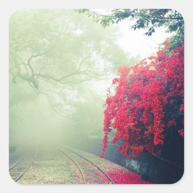Misty Railroad Tracks Scenic Photo Square Sticker (Front)