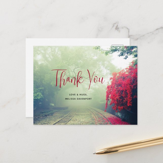 Misty Railroad Tracks Scenic Photo Thank You Postcard (Front/Back In Situ)