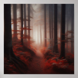 Misty Red Forest Trail of Silence – Autumn Poster 