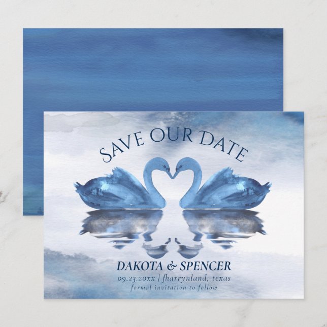 Misty Reflections | Classic Blue Swan Lake Wedding Save The Date (Front/Back)