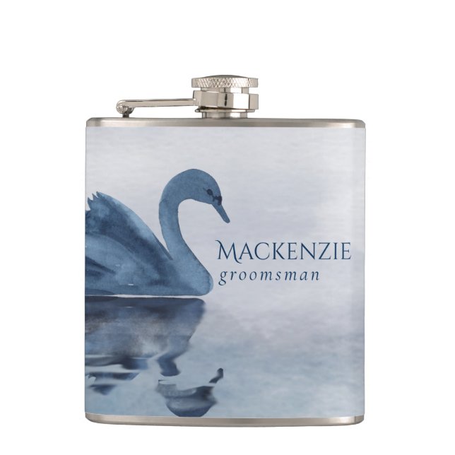 Misty Reflections | Dusty Blue Swan Groomsman Hip Flask (Front)