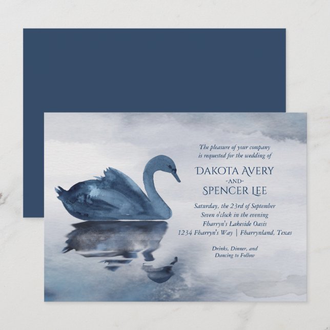 Misty Reflections | Dusty Blue Swan Lake Wedding Invitation (Front/Back)
