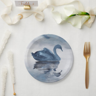 Misty Reflections Dusty Blue Swan Lake Wedding Paper Plate