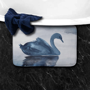Misty Reflections   Moody Dusty Blue Swan on Lake Bath Mat