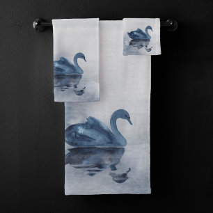 Misty Reflections   Moody Dusty Blue Swan on Lake Bath Towel Set