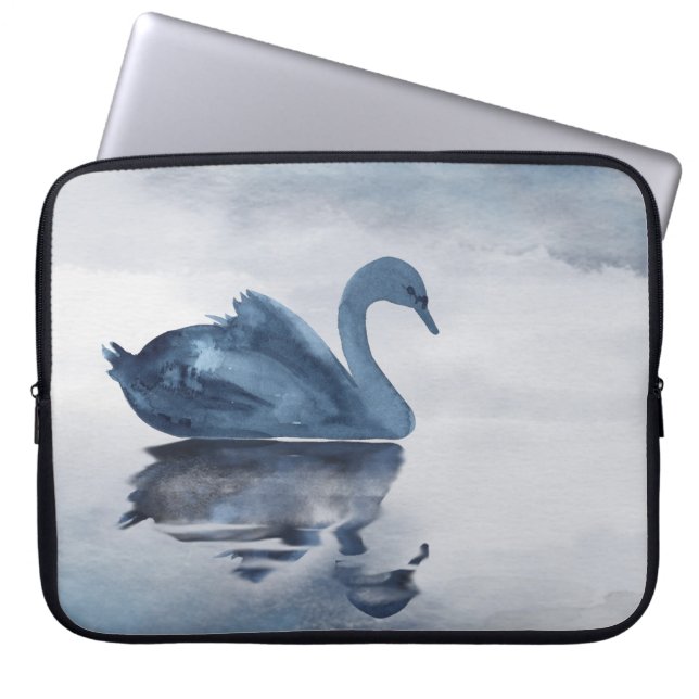 Misty Reflections | Moody Dusty Blue Swan on Lake Laptop Sleeve (Front)
