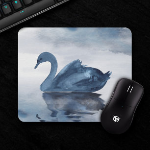 Misty Reflections   Moody Dusty Blue Swan on Lake Mouse Pad