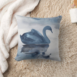Misty Reflections   Moody Dusty Blue Swan on Lake Throw Pillow