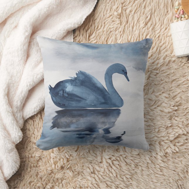Misty Reflections | Moody Dusty Blue Swan on Lake Throw Pillow (Blanket)