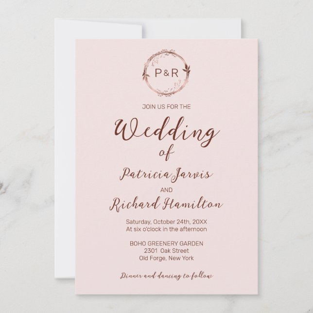 Misty Rose Monogram Elegant Wedding Invitation (Front)