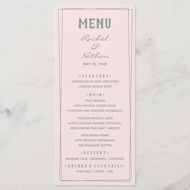 Misty Rose Pink Blush Wedding Dinner Menu (Front)
