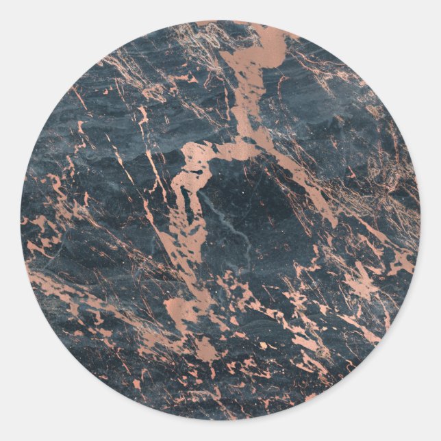 Misty Rustic Blue & Rose Gold Pink Glam Marble Classic Round Sticker (Front)