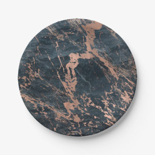 Misty Rustic Blue & Rose Gold Pink Glam Marble Paper Plate