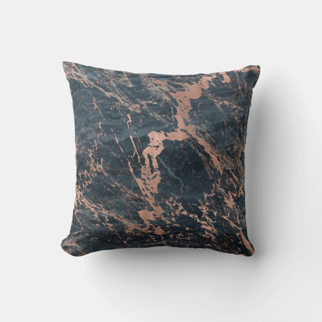 Misty Rustic Blue & Rose Gold Pink Glam Marble Throw Pillow (Front)
