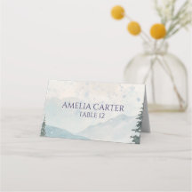 Misty Snowy Mountain Winter Wedding Place Card
