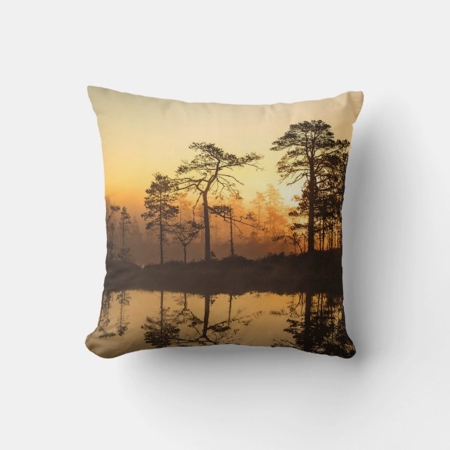 Misty Sunrise in the Forest – Trees Reflected  Throw Pillow (Front)