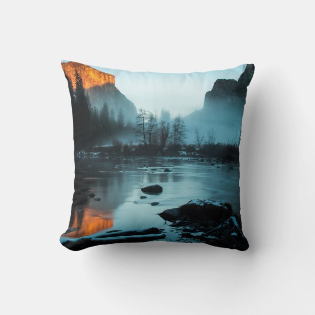 Misty Sunset in Yosemite Throw Pillow (Front)