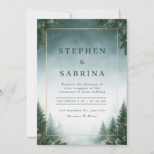 Misty Teal Pine Forest Frame Wedding Invitation