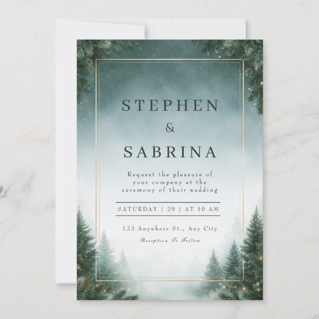 Misty Teal Pine Forest Frame Wedding Invitation (Front)