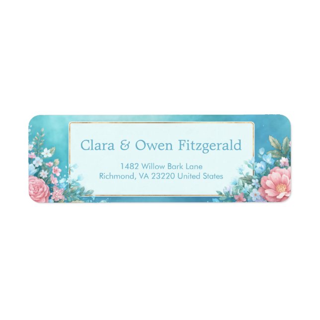 Misty Teal Pink Peony Gold Frame Wedding (Devant)