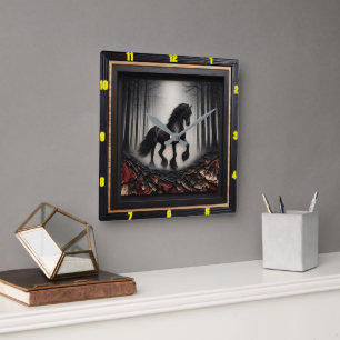 Misty Trail: Personalized Charred Wood Friesian  Square Wall Clock