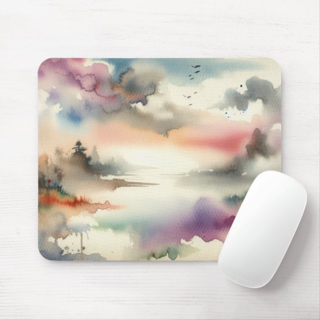 Misty Trees and Birds In Watercolor Mouse Pad (With Mouse)