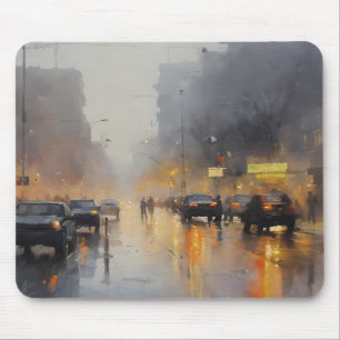 Misty Urban Evening Rain Cars Scene Mouse Pad