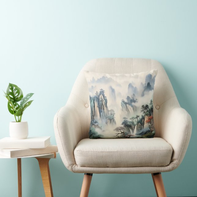 Misty Valley Mountains Throw Pillow (Chair)