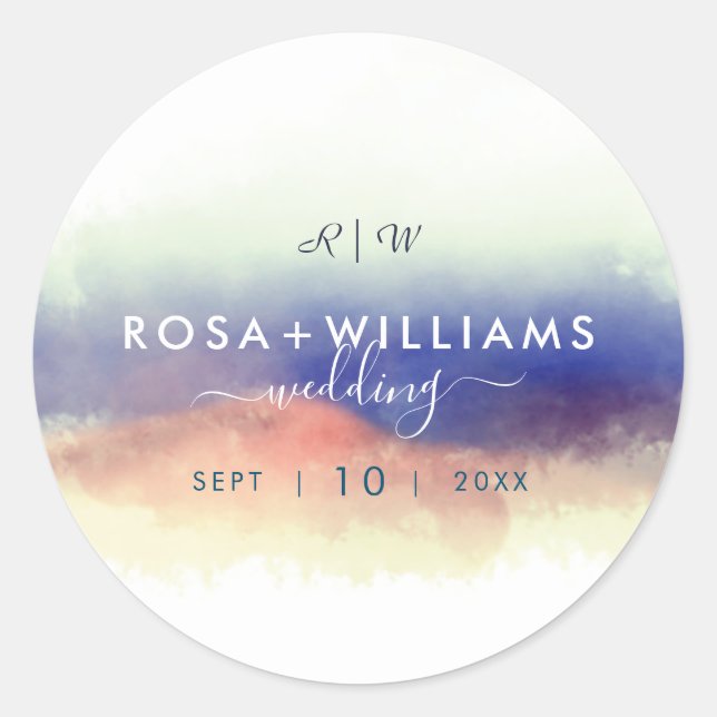 misty watercolor landscape monogram wedding classic round sticker (Front)