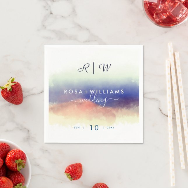 misty watercolor landscape monogram wedding napkin (Insitu)